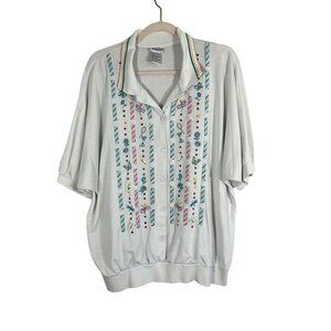 Retro Floral Embroidery Top 1X White Cottagecore Preppy Old Money Classic Chic